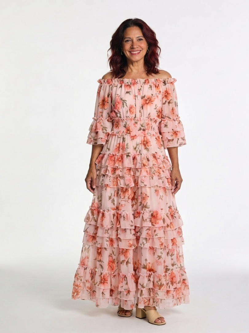 Vestido maxi con volantes florales y escote Rosalie