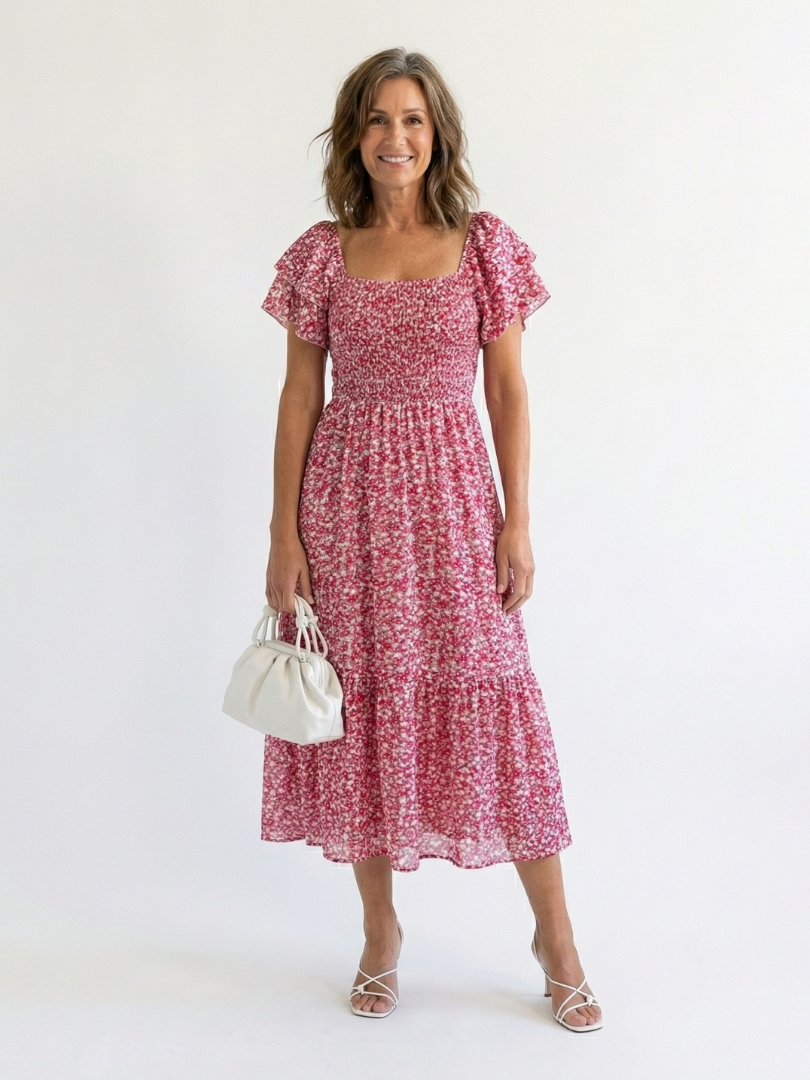 Vestido Midi Floral con Hombros al Descubierto Odette