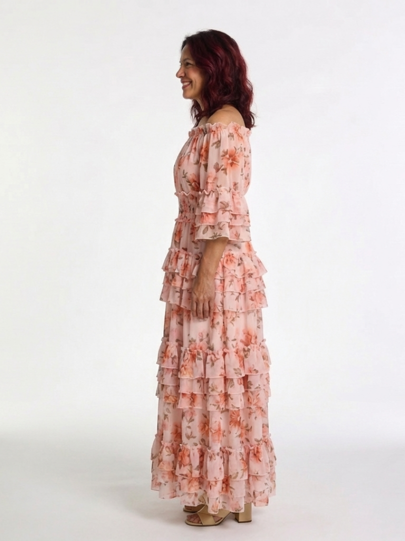 Vestido maxi con volantes florales y escote Rosalie