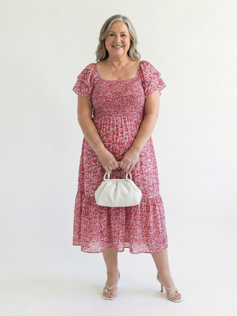Vestido Midi Floral con Hombros al Descubierto Odette