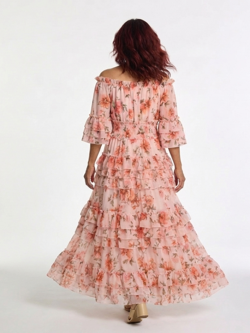 Vestido maxi con volantes florales y escote Rosalie