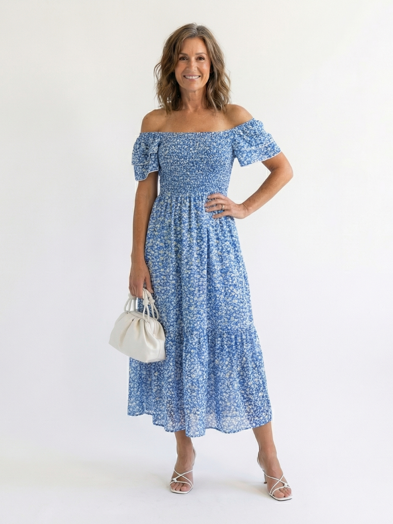 Vestido Midi Floral con Hombros al Descubierto Odette