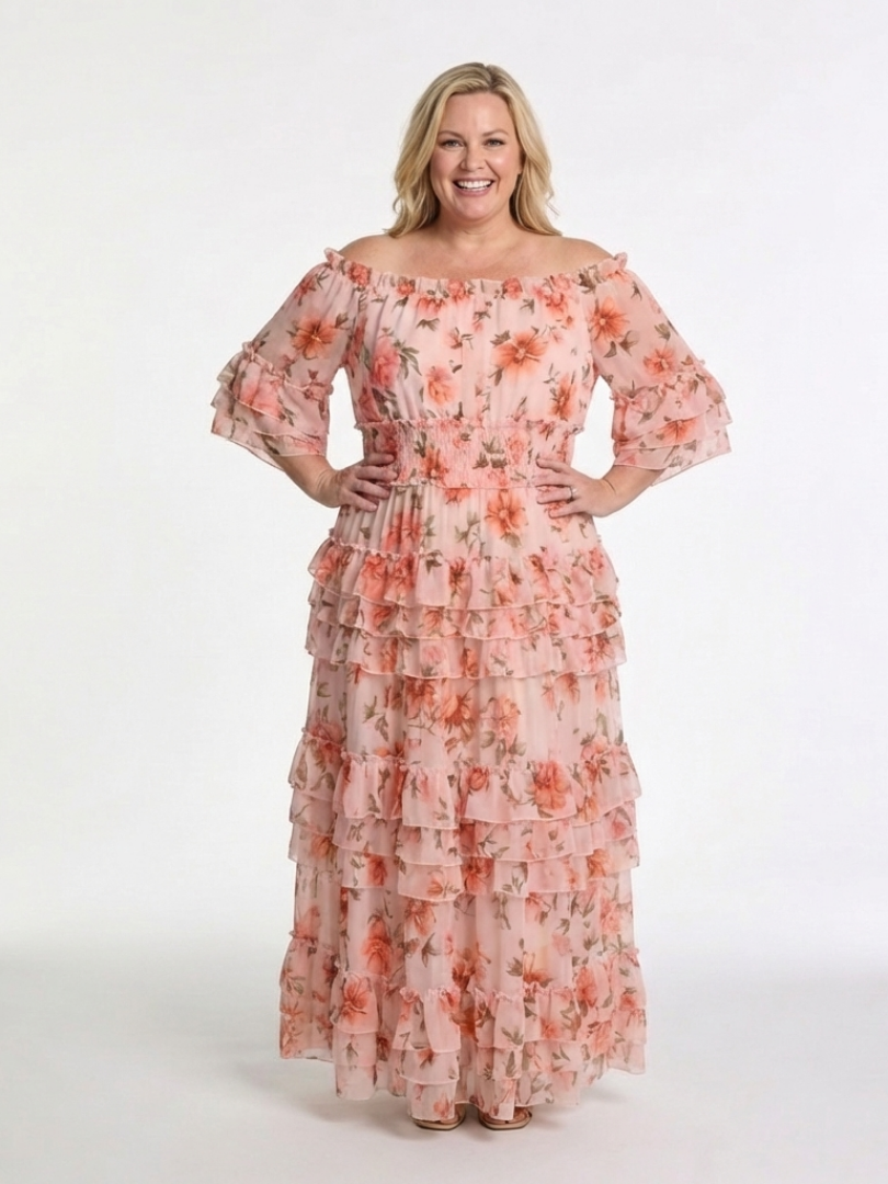 Vestido maxi con volantes florales y escote Rosalie