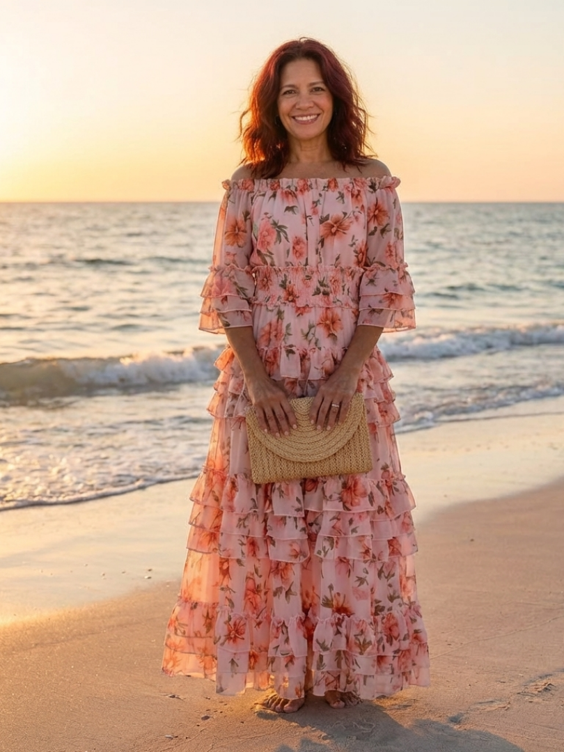 Vestido maxi con volantes florales y escote Rosalie