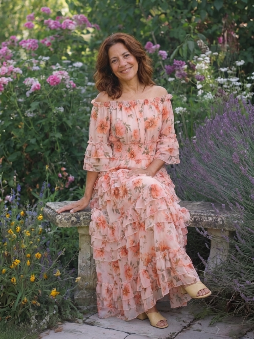 Vestido maxi con volantes florales y escote Rosalie