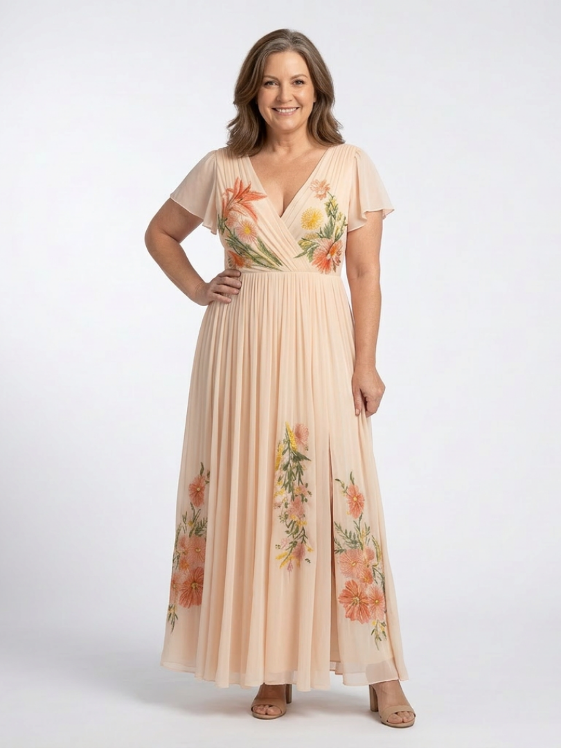 Vestido Maxi Floral Plisado con Mangas Calista