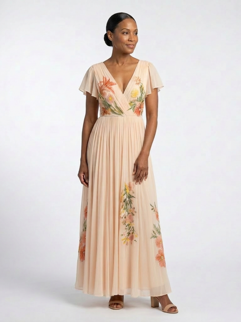 Vestido Maxi Floral Plisado con Mangas Calista