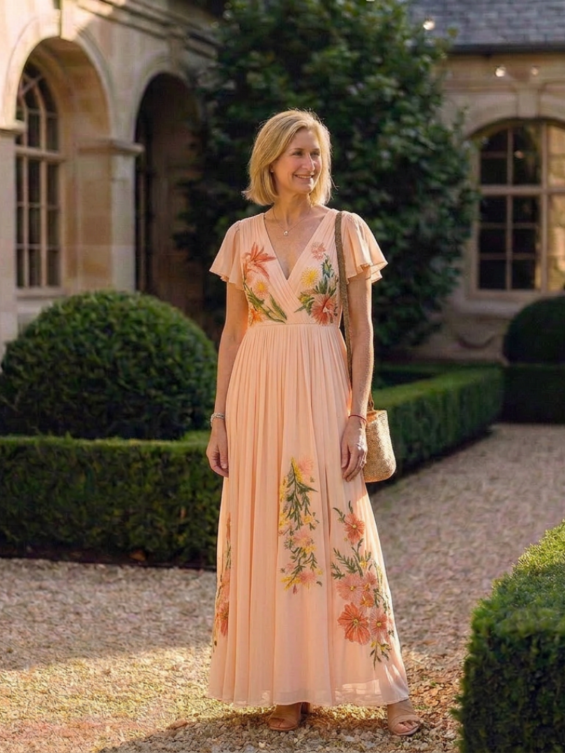 Vestido Maxi Floral Plisado con Mangas Calista