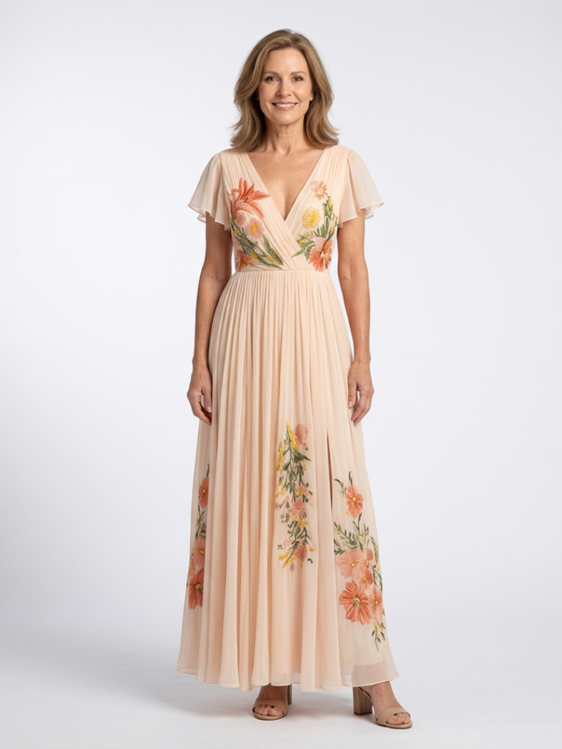 Vestido Maxi Floral Plisado con Mangas Calista